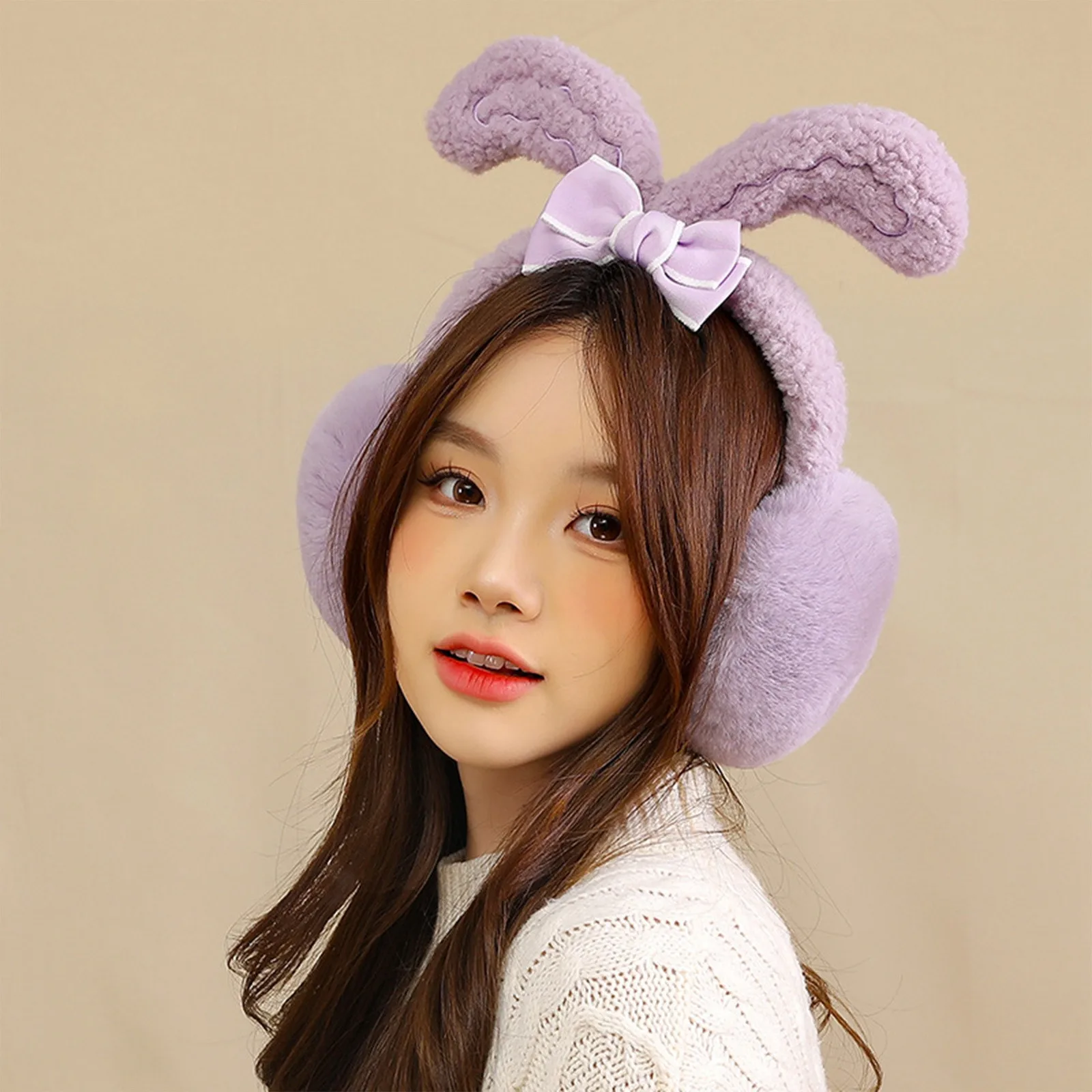 Bunny Ear Earmuffs Warm Fuzzy Rabbit Ear Muffs Womens Kwaii Princess Plush Ear Warmers Bow Lolita Girls Cold Protection 2024 new