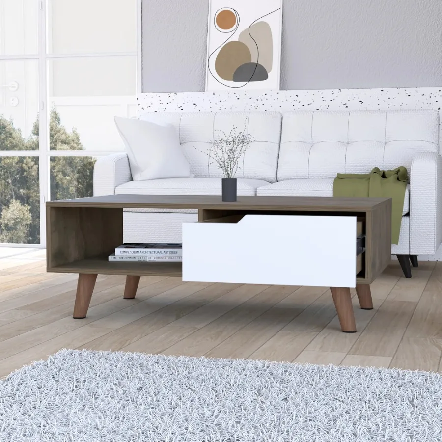 Dark Brown White 1 Drawer 1 Shelf Rectangle Coffee Table
