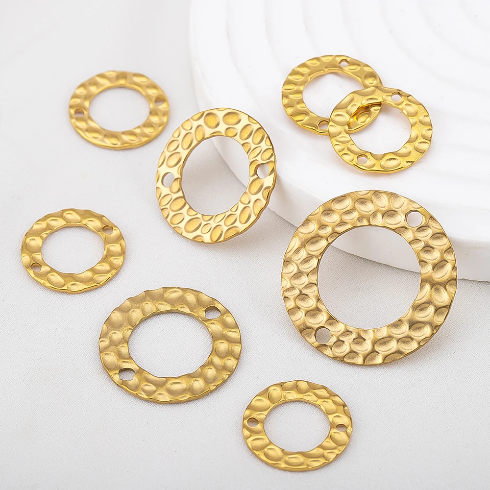 10pcs 15/20/25mm Stainless Steel Double Hole Texture Circle Ring Gold Plated Charm Earrings Conectors for Jewelry Making Finding