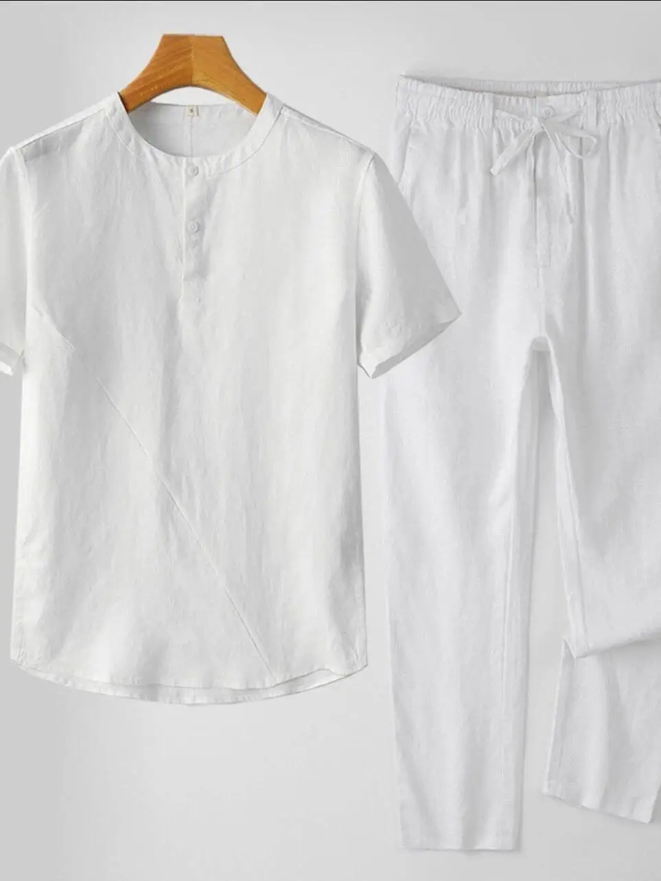 

Summer Cotton Linen Men's T-shirt Set Loose Fit Nine-point Short Sleeve Thin Model Two-piece Male Fashion Outfit Casual Wear