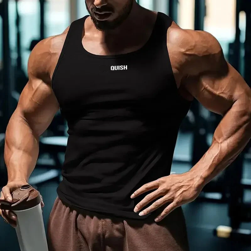 Summer Men's Slim Fit Sports Vest Trendy Brand Printed Solid Color Quick Dry Breathable Casual Fitness Top for Men