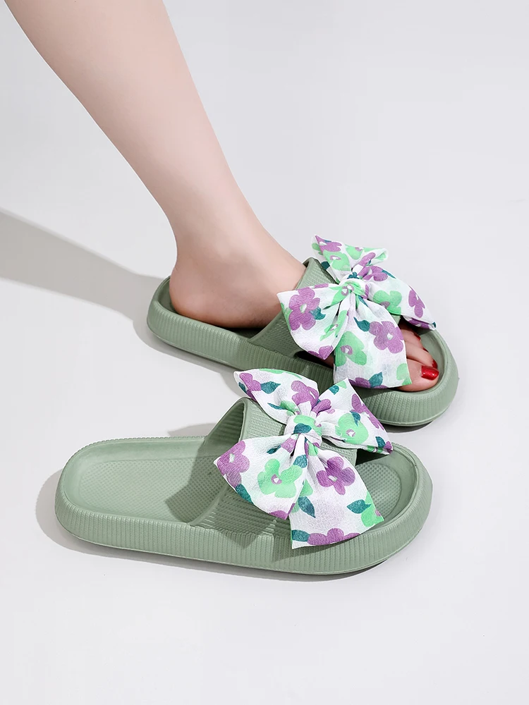 

2023 Women Slippers Summer Beach Travel Handmade DIY Flip-Flop Integrated Molding Cloud Slippers Green Flower Bow SLIDES Shoes