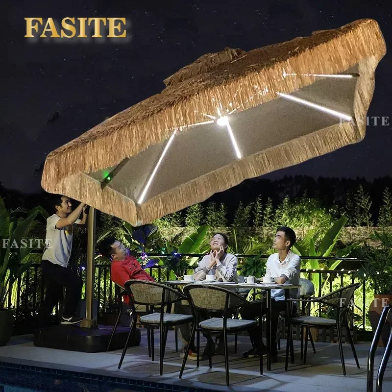 For Outdoor Garden Patio Thatched Straw Umbrella with Light Large Roman Parasol Simulation Sunshade for Courtyard