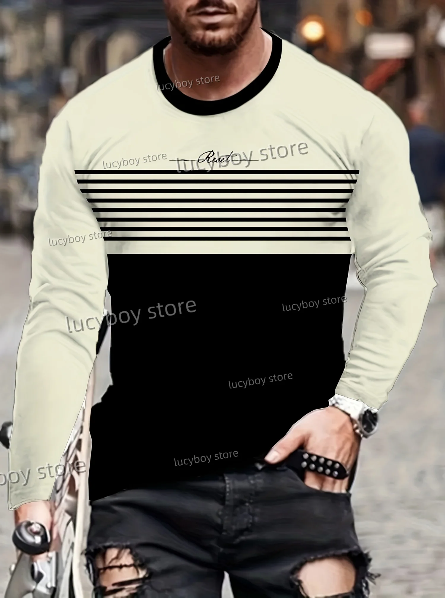 

2025 Autumn Men Sports Daily Men's T-Shirt Stripe Letters Print Round Neck Long -Sleeved Graphic T Shirts Daily Street Men TEE