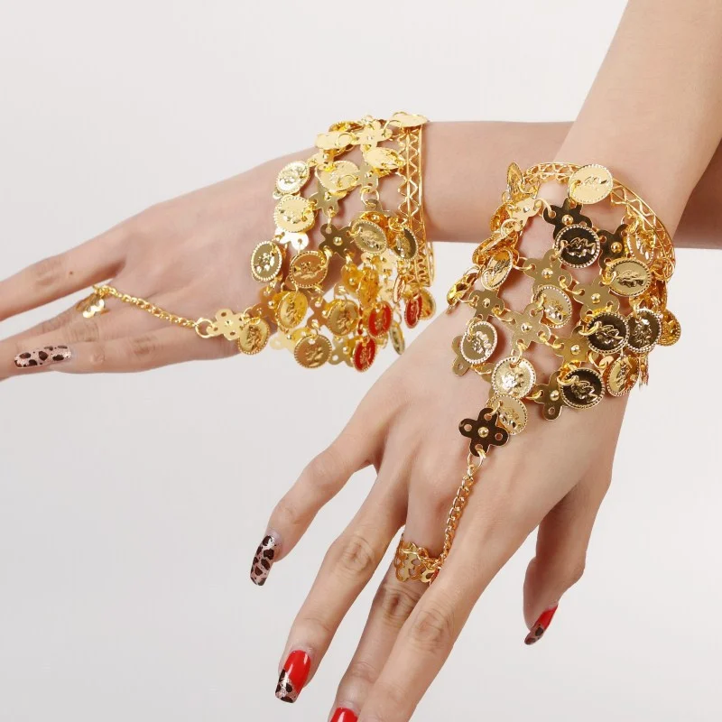 Kurdish India Belly Dance Open Ring Cuff Bracelet for Women Coins Tassel Bell Long Chains Bangles Hand Ethnic Jewelry Accessory