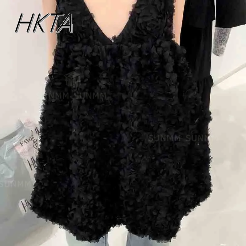 Robe à bretelles japonaise, Niche Senior, col en v, pétale tridimensionnel, taille haute, t-shirt noir mi-long, printemps été 2025