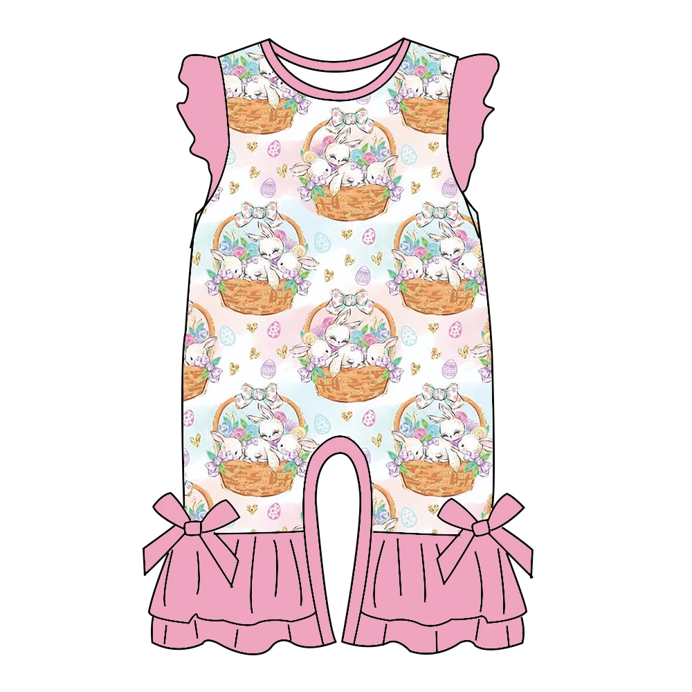 Boutique children's suit new baby one-piece clothing Easter pearl bunny egg printed button baby romper clothing