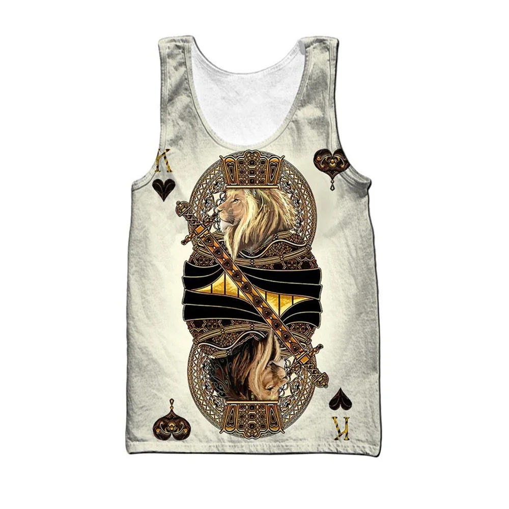 

HX Lion Poker Men Tank Tops 3D Graphic King Ace Spade Lion Poker All Over Print Vest Streetwear Harajuku Men Clothing