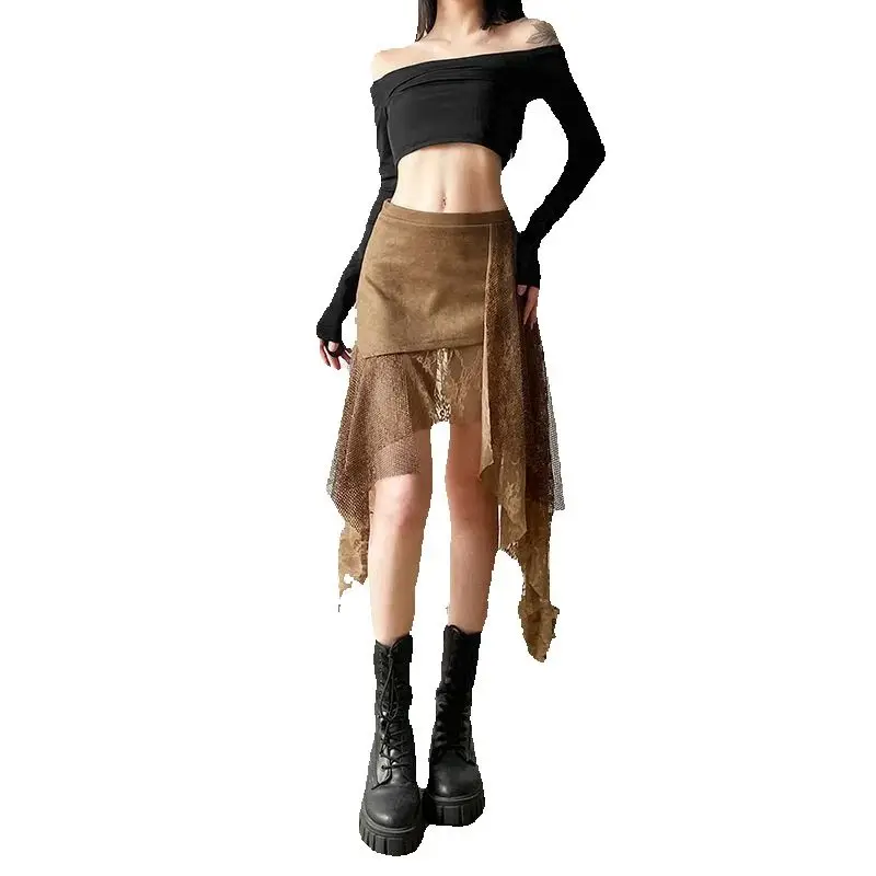 Retro Lace Floral Irregular Mesh Perspective High-Waisted Skirt Women Summer New Niche Design A-Line Short Skirt
