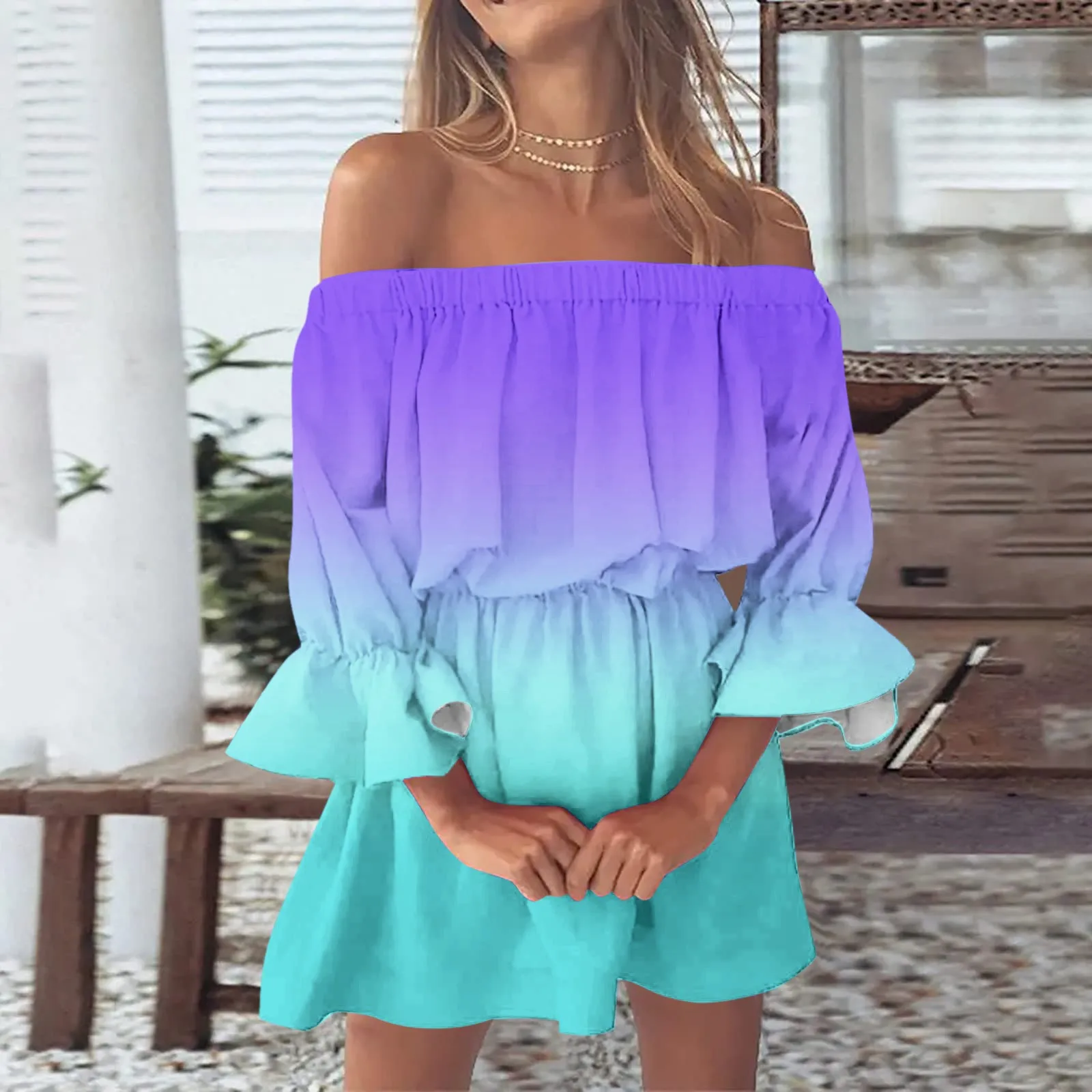 

Gradient Print Elegant Off Shoulder Dresses for Women Summer Slash Neck Short Sleeve Boho Beach Sundress Female Ruffles Dress