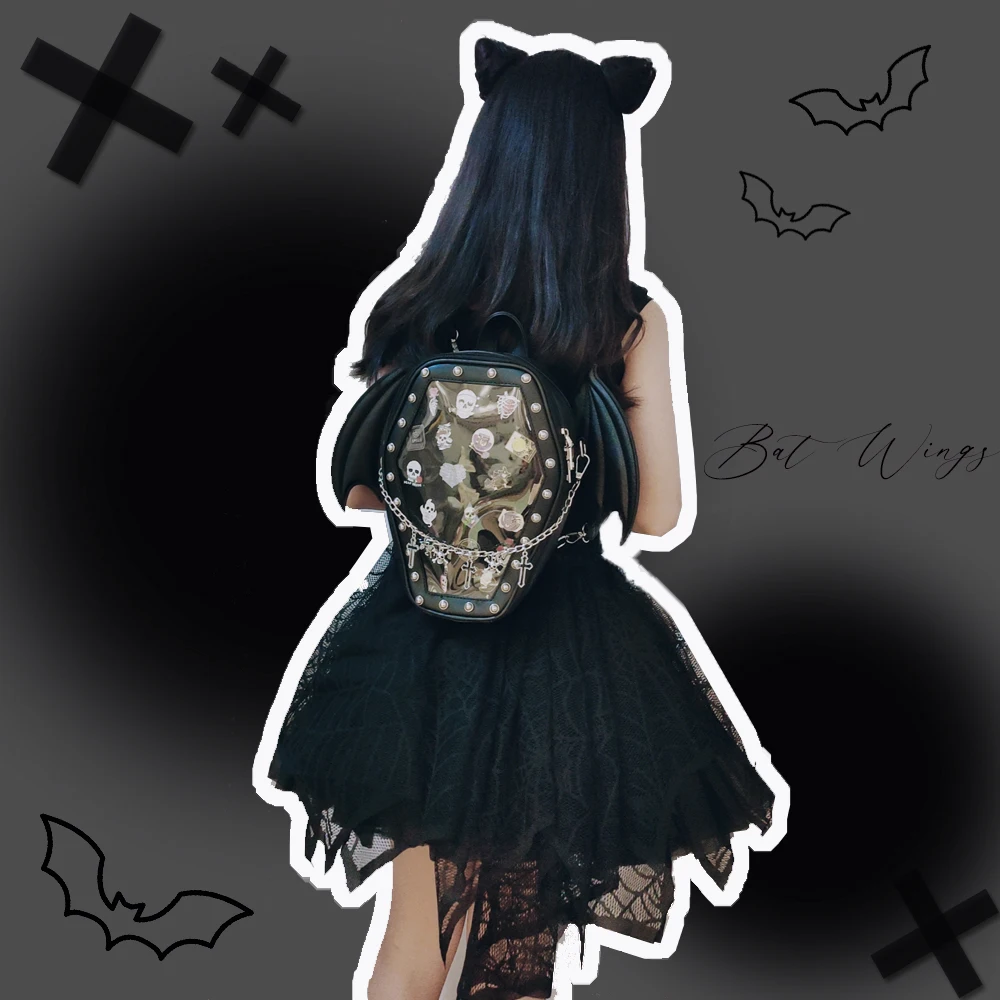 Gothic Punk Sargform Ita Tasche Damen Klare Rucksäcke Dark Lolita Handtasche und Umhängetasche Mädchen Cosplay Designer 2-Einsatz – Detail 26