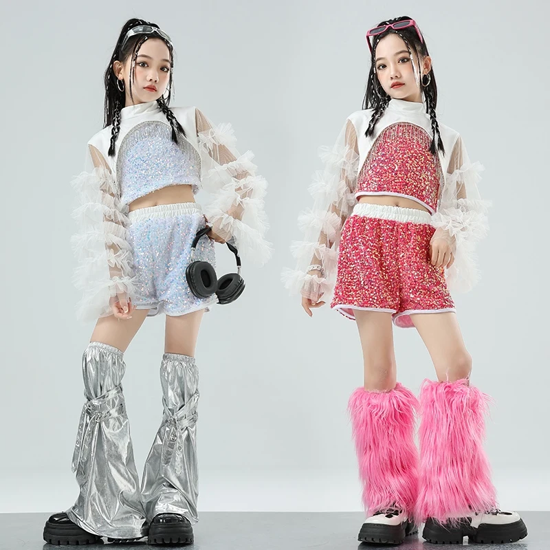 

Sequin Jazz Dance Costume Girls Kpop Stage Outfit Hip Hop Performance Clothes Kids Street Dance Fashion Suit Glitter Shorts 1747