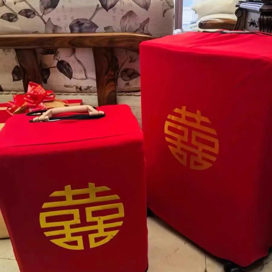結婚式用赤い伸縮性のある厚手の金箔押し荷物カバー、花嫁介添人ギフト用スーツケース保護シールド、旅行用品