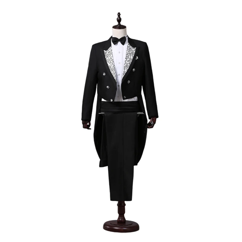 Tailcoat Suits Men Vest Jacket White Tail Coat Chorus Tuxedo Floral Stage Costume Singer Performer Magician Host Outfits