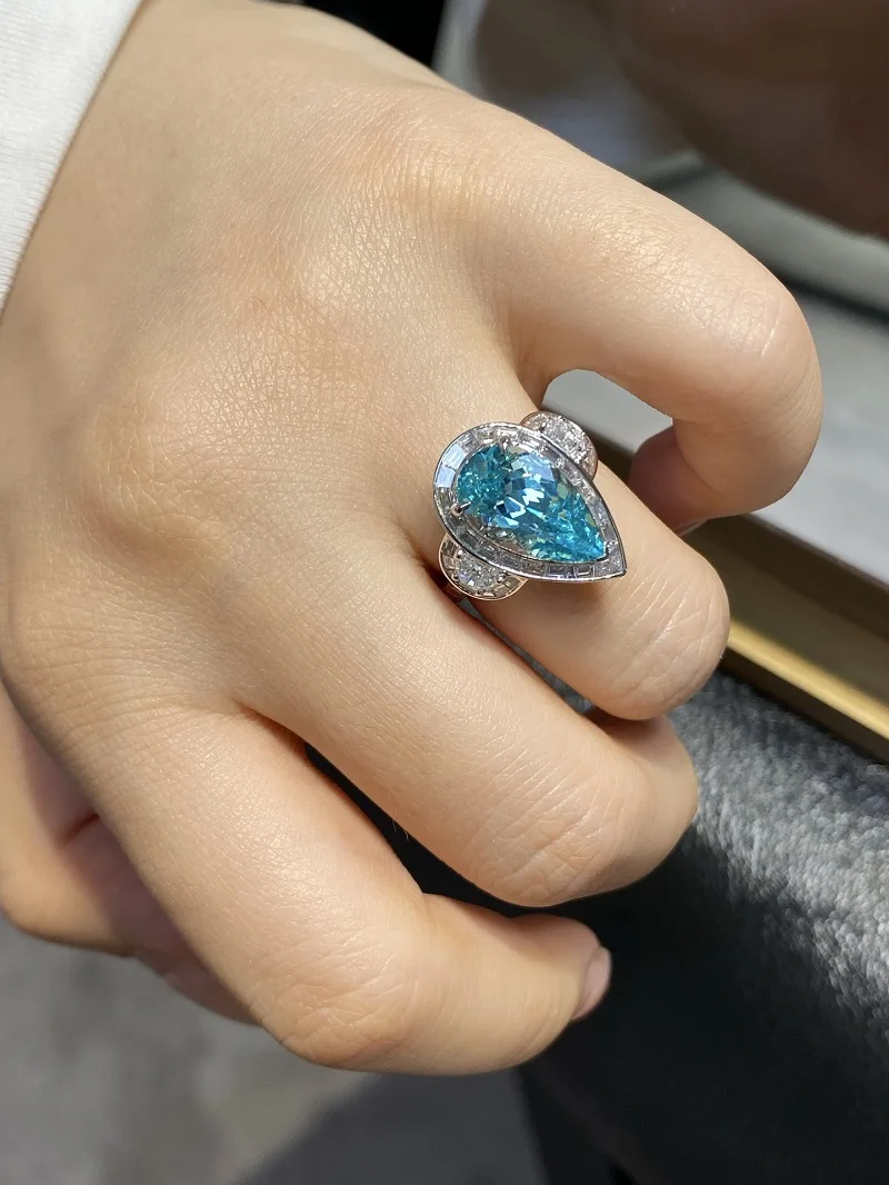 Ruif Mewah Disesuaikan Platinum Sekitar 7ct Lab Tumbuh Yag Paraiba Tourmaline Cincin untuk Wanita Jari Perhiasan Perak Pernikahan