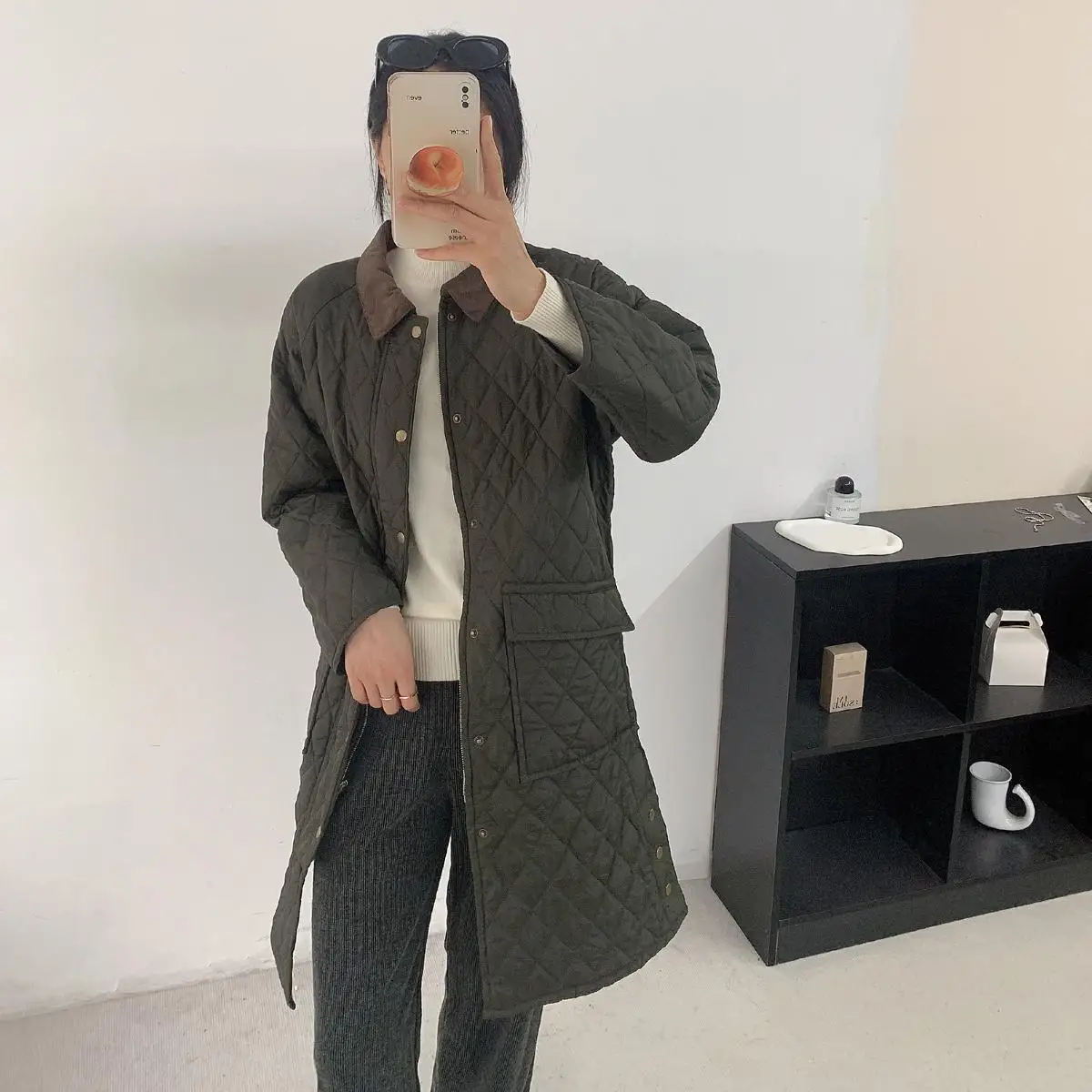 

Ретро-куртка из хлопка для женщин, средней длины, тонкая, с карманами, ромбовидным узором, осенне-зимнее пальто прямого кроя с длинными рукавами