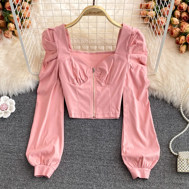 

Women Autumn Long Puff Sleeve Tops Shirts Zipper Closure Square Neck Lolita Princess Birthday Festival Holiday Palace Tops Shirt
