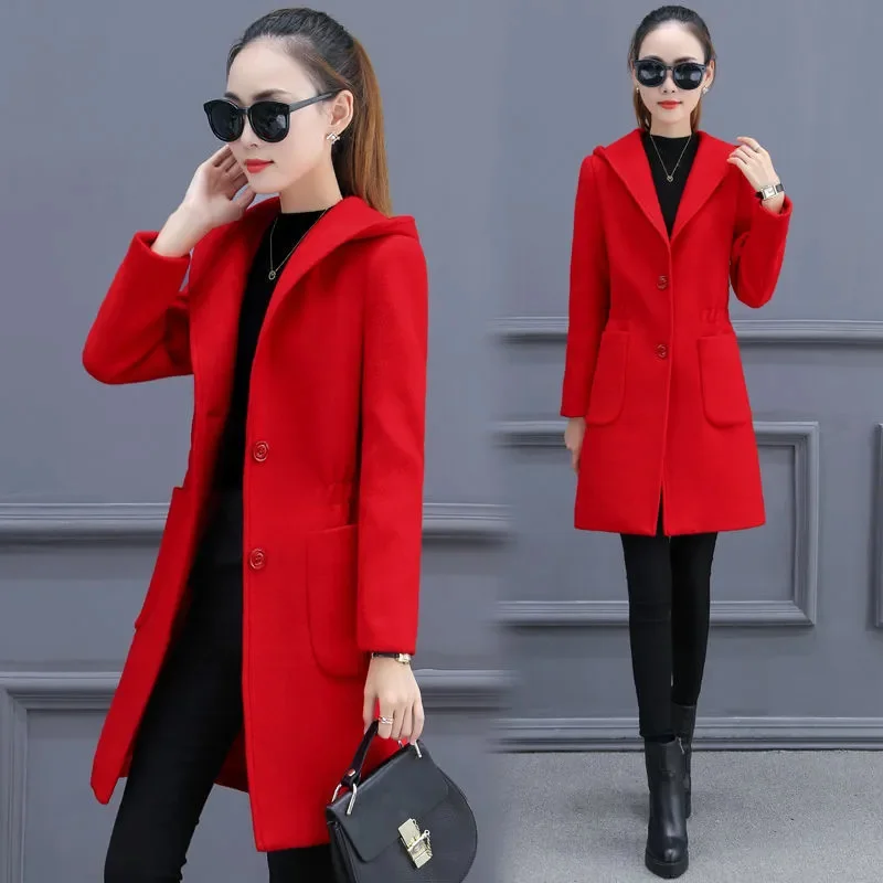 Women Woolen Coat 2024 Spring Autumn Thin Wool Jacket Female Mid length Woolen Coats Ladies Elegant Fashion Hooded Overcoat