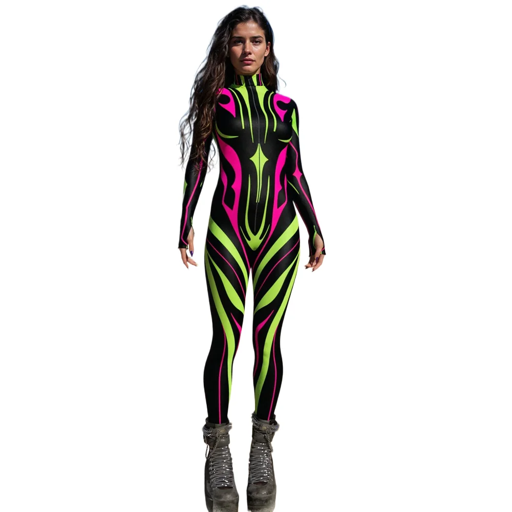 

3d Art Digital Gold Printing Fantasy Colorful Bodysuit Adult Role Play Punk Halloween Rave Party Women's Cycling Tight
