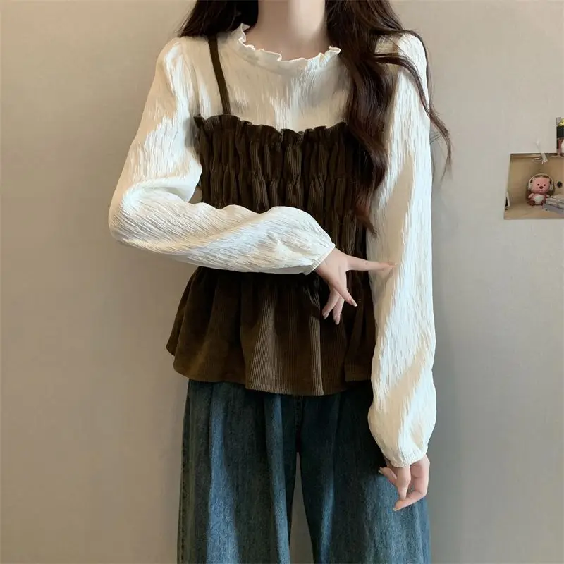 French Splicing Corduroy Fake Two-piece Shirt for Women New Autumn Pleated Ruffle Side Length Sleeve Top