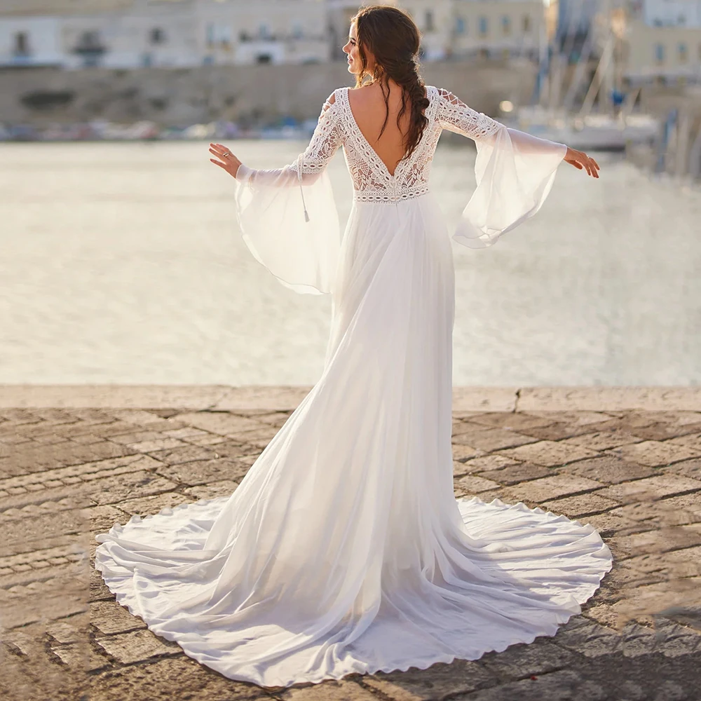 Customized Bohemian Chiffon Beach Wedding Dresses Deep V-neck Lace Elegant Court Train Open Back Bridal Gowns Long Sleeves 2025