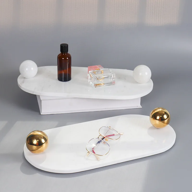 

Modern Natural Marble Stone Oval Metal Handle Tray Hotel Living Room Dressing Table Toilet Supplies Storage Tray