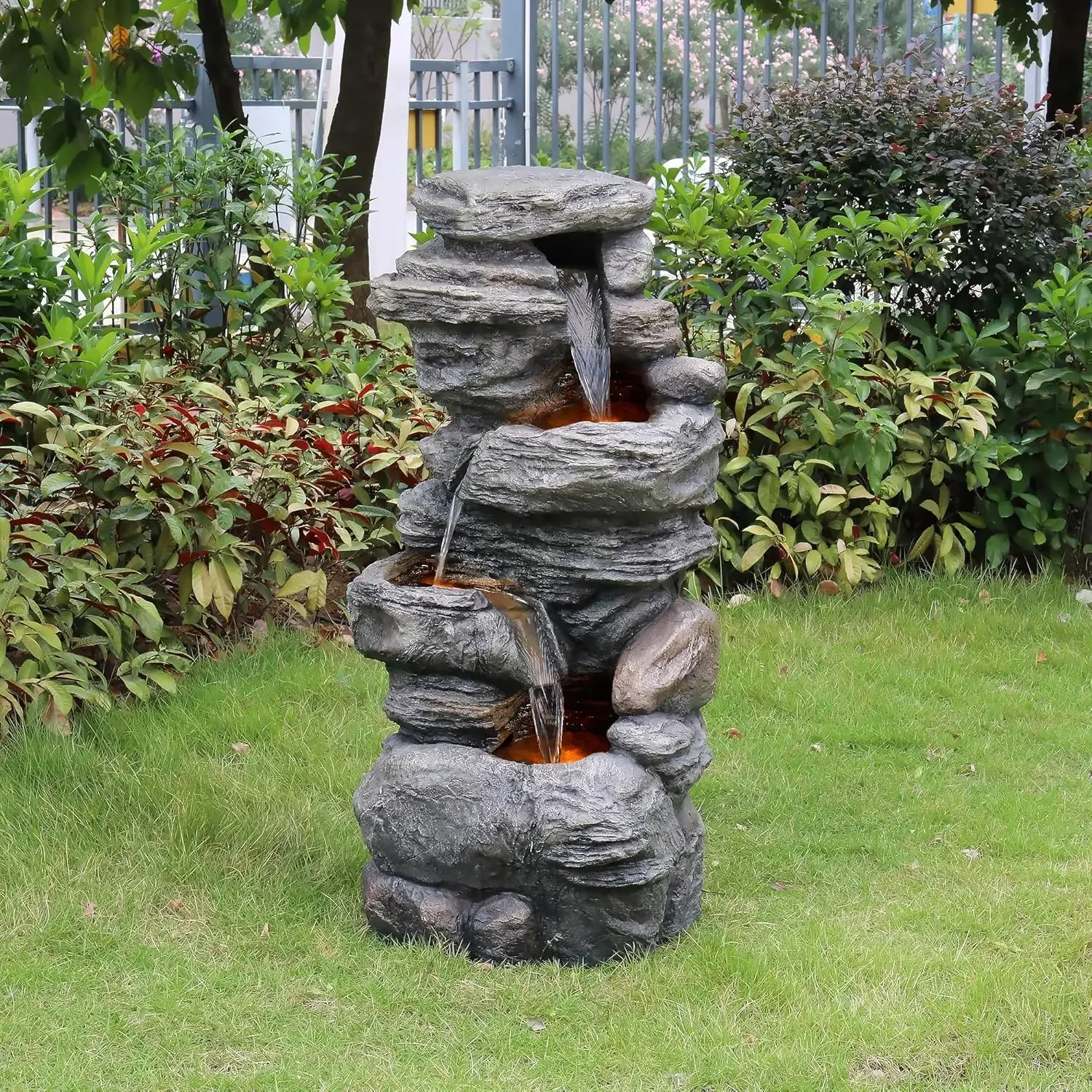 Hot sales Home 39.37 in. Outdoor Faux Stacked Stone 4-Tier Water Fountain with LED Lights and Pump