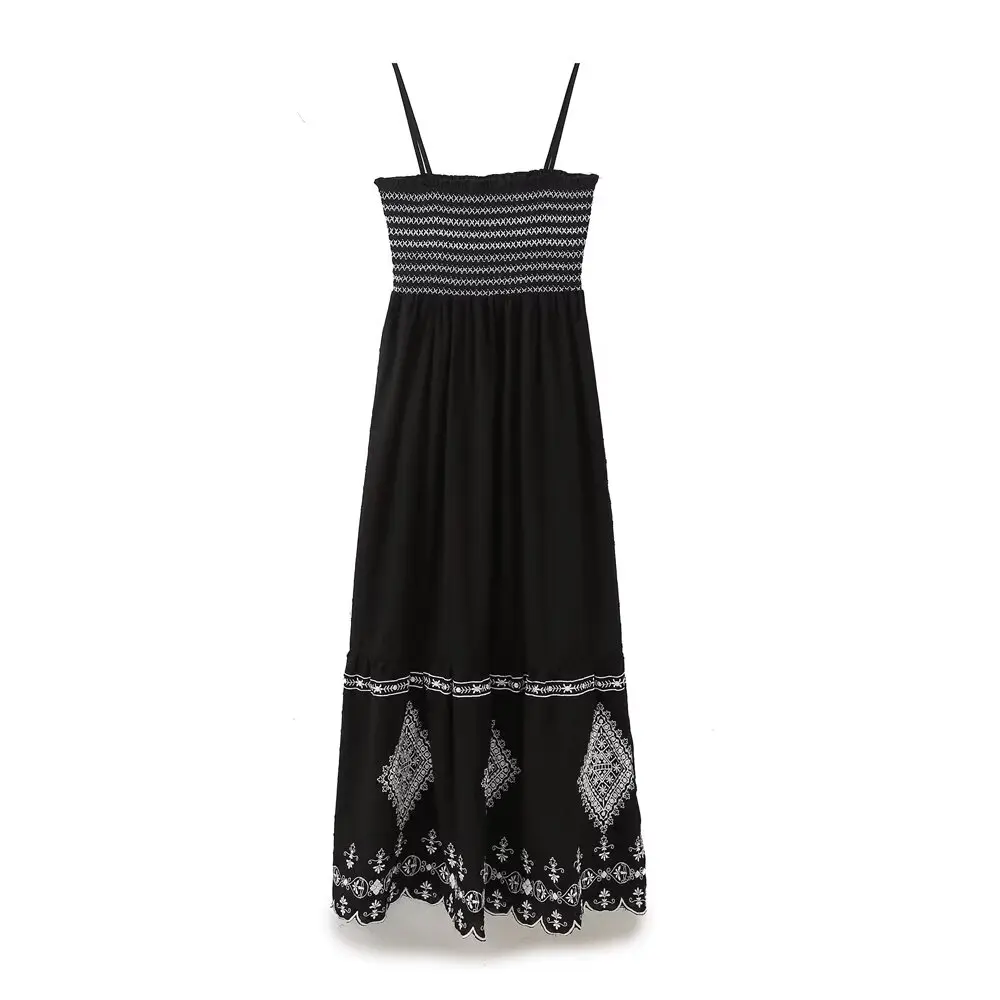 

Women's new fashion embroidery decoration elastic slim sleeveless backless MIDI dress retro Thin Straps women's dress