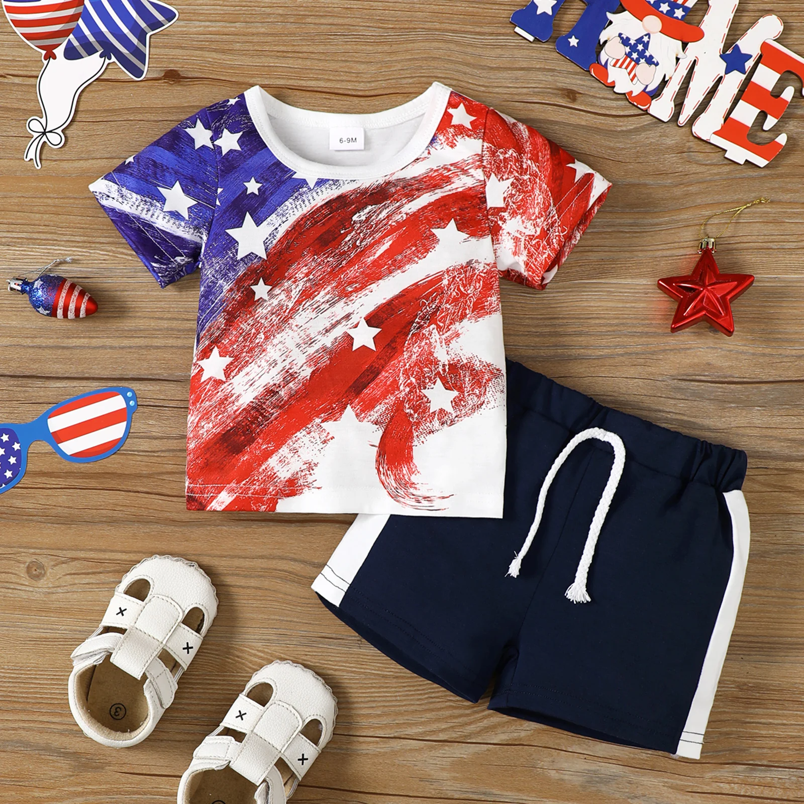 

Kids Boys Shorts Set, Short Sleeve Stars Print T-shirt with Contrast Color Shorts for Independence Day