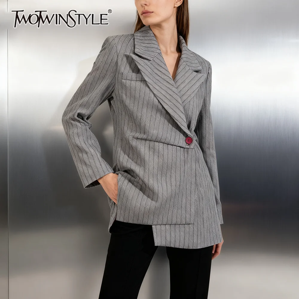 

TWOTWINSTYLE Hit Color Spliced Striped Irregular Blazers for Women Lapel Long Sleeves Patchwork Button Vintage Blazer Female New