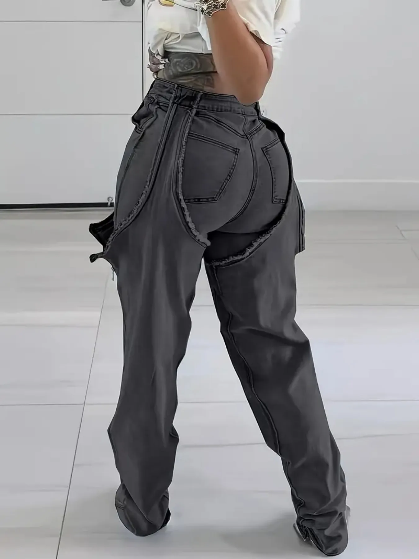 Luźne jeansy damskie w stylu Y2K z wycięciami, spodnie patchworkowe z wysokim stanem i elastycznym, streetwearowym stylem.