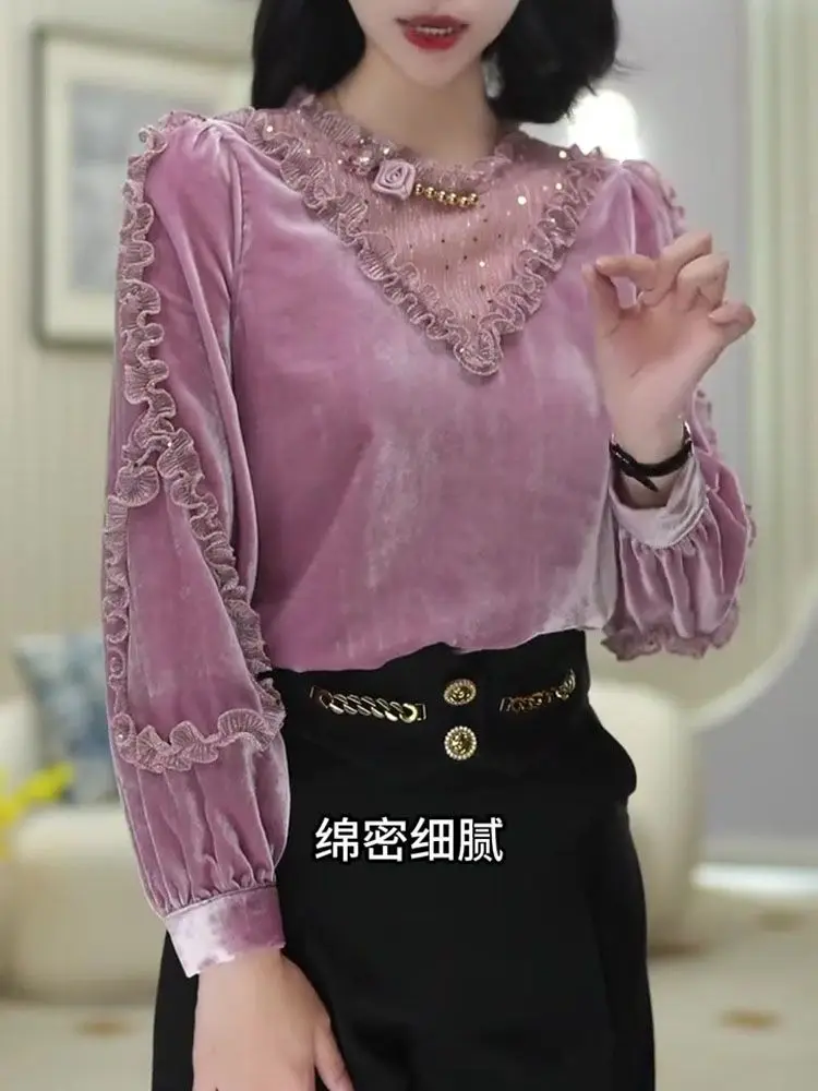 Winter Pink Long-sleeved Velvet Shirt for Women 2025 Autumn New Fashionable and Versatile Top Blouses for Women Sexy Lady Tops