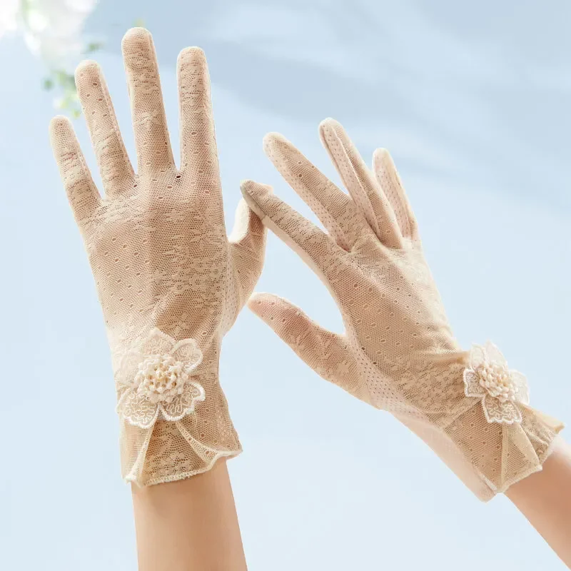 Sunscreen Gloves Anti Slip Lace Ice Silk Gloves Women's Thin Design Summer UV Touch Screen Driving Long Gloves Outdoor Cycling