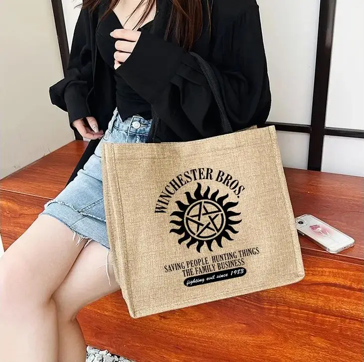

Supernatural Linen Bag Hand-painted Sacks Jute Portable Large Capacity Shopping Bags Laminated Travel Organizer