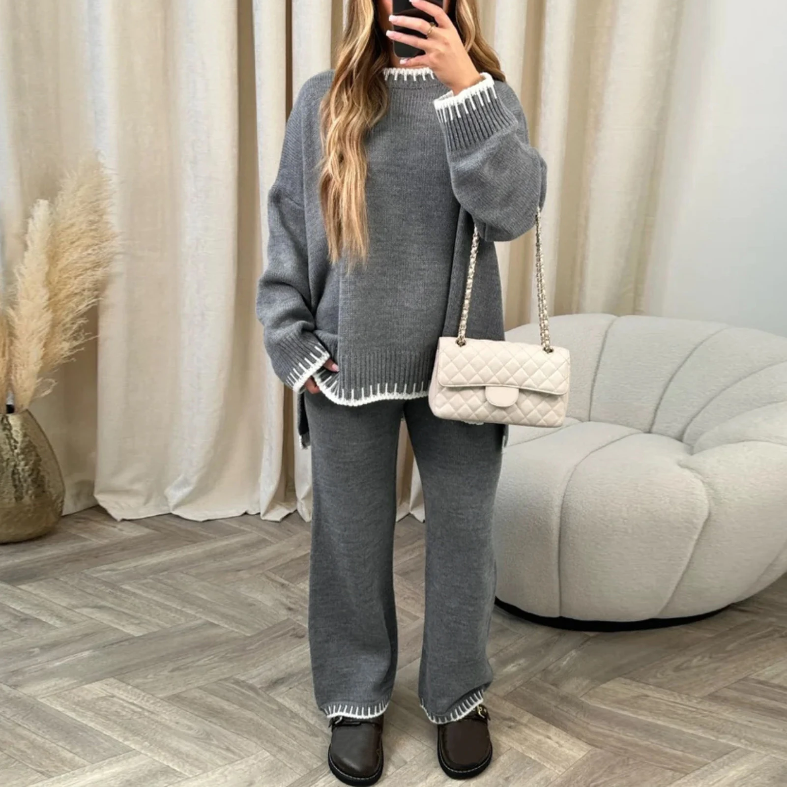 Women\'s 2-piece sweater set, long sleeved knitted pullover top, wide leg pants, casual set, sportswear