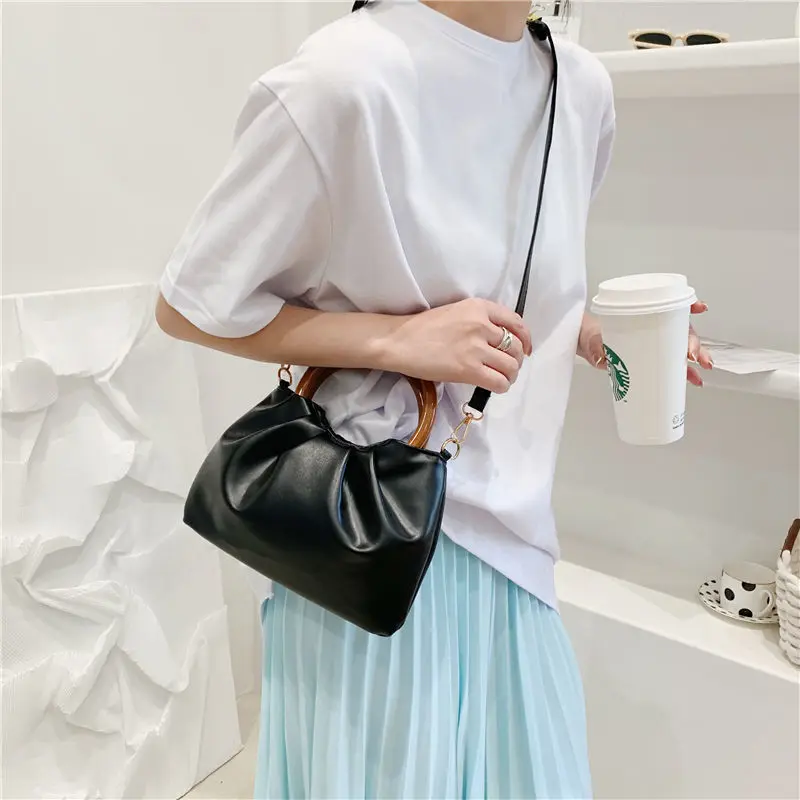 Soft Pleated PU Leather Top-handle Bags Women Elegant Fashion Crossbody All-match Wood Handle Texture Shoulder Handbags Female