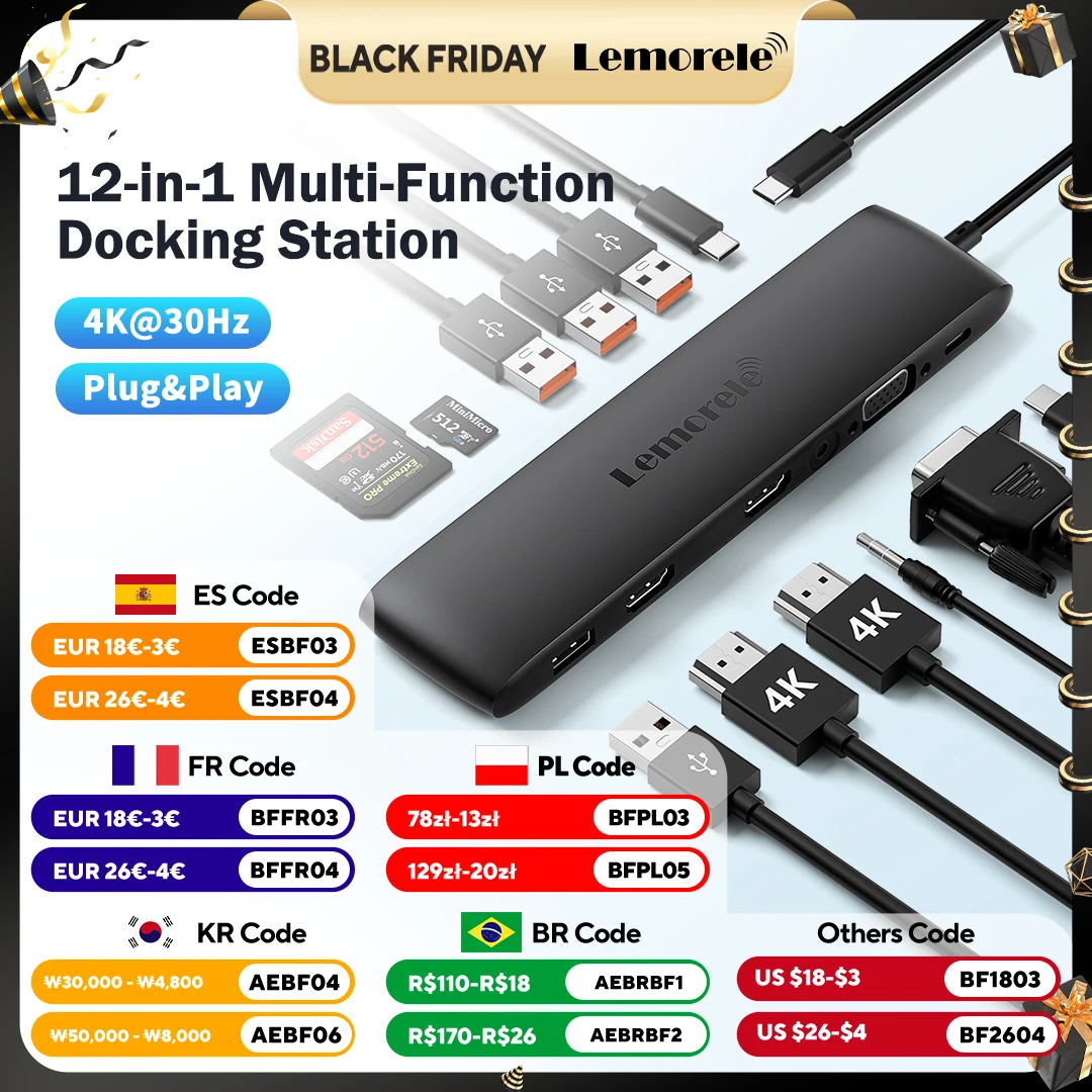 

Lemorele TC97 USB Hub USB 3.1 Dock Station USBC to Dual HDMI 4K 10Gpbs Type-C 100W Adapter VGA USBC 3.1 for MacBook Windows