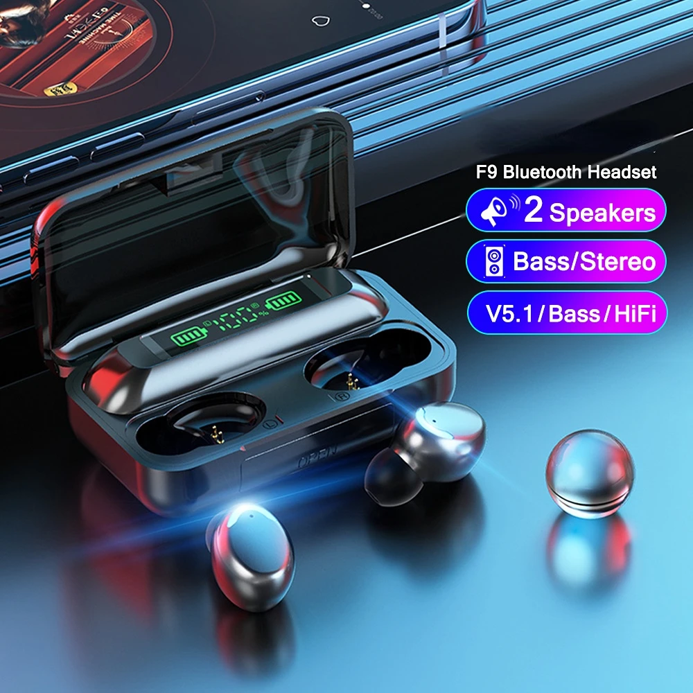 

F9 Bluetooth Earphones TWS Headphones Wireless Headsets with Mic 3000mAh Charging Box Stereo In-Ear Earbuds Sports Fast Shipping