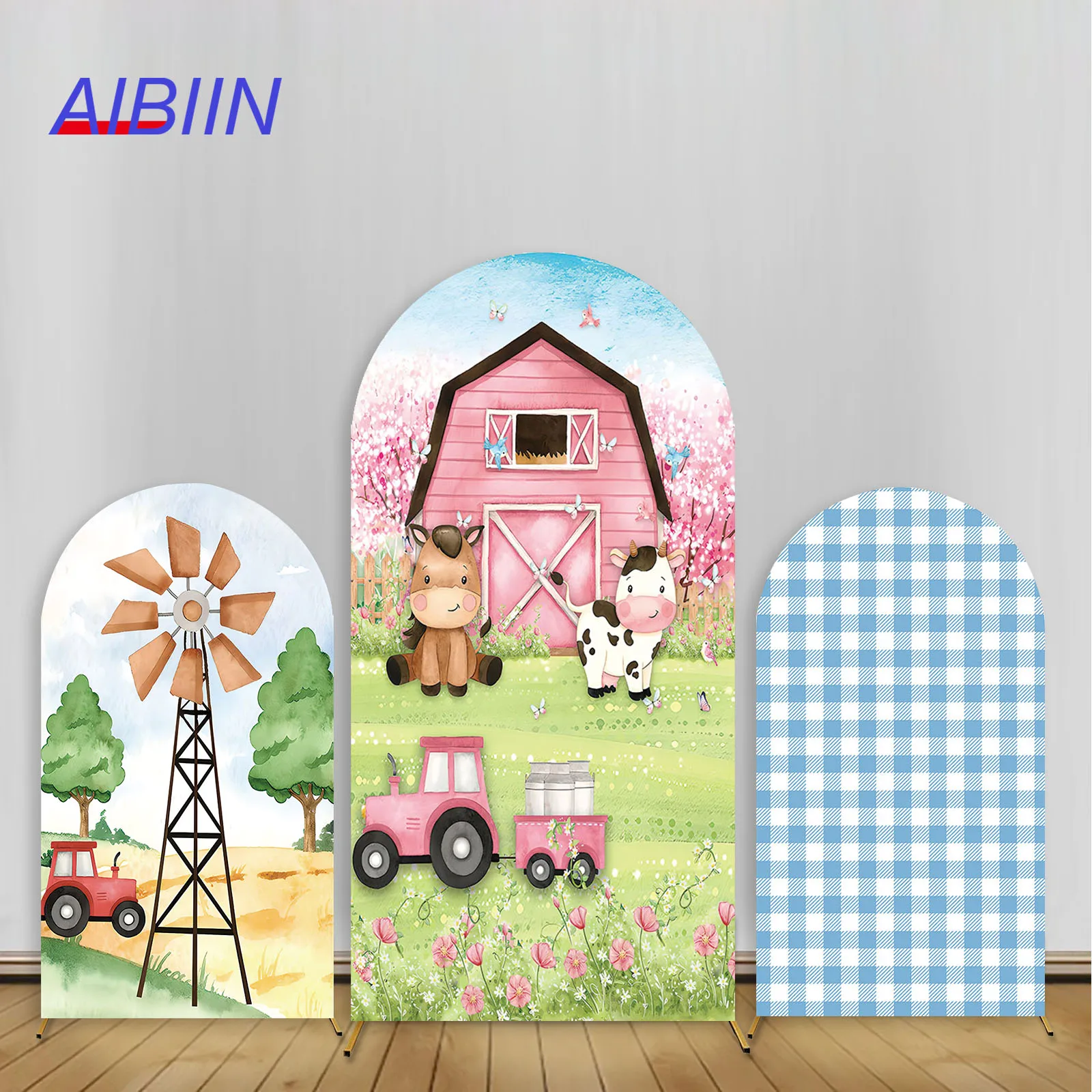 

AIBIIN Farm Themed Arch Backdrop Cover Windmill Milk Cow Chick Blue Boy Pink Girl Birthday Baby Shower Party Decor Background