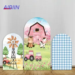 Aibiin-farmがテーマの弓の背景カバー、風車、牛乳、ちび、ひよこ、青、ピンク、男の子、女の子、誕生日パーティーの装飾、ベビーシャワー