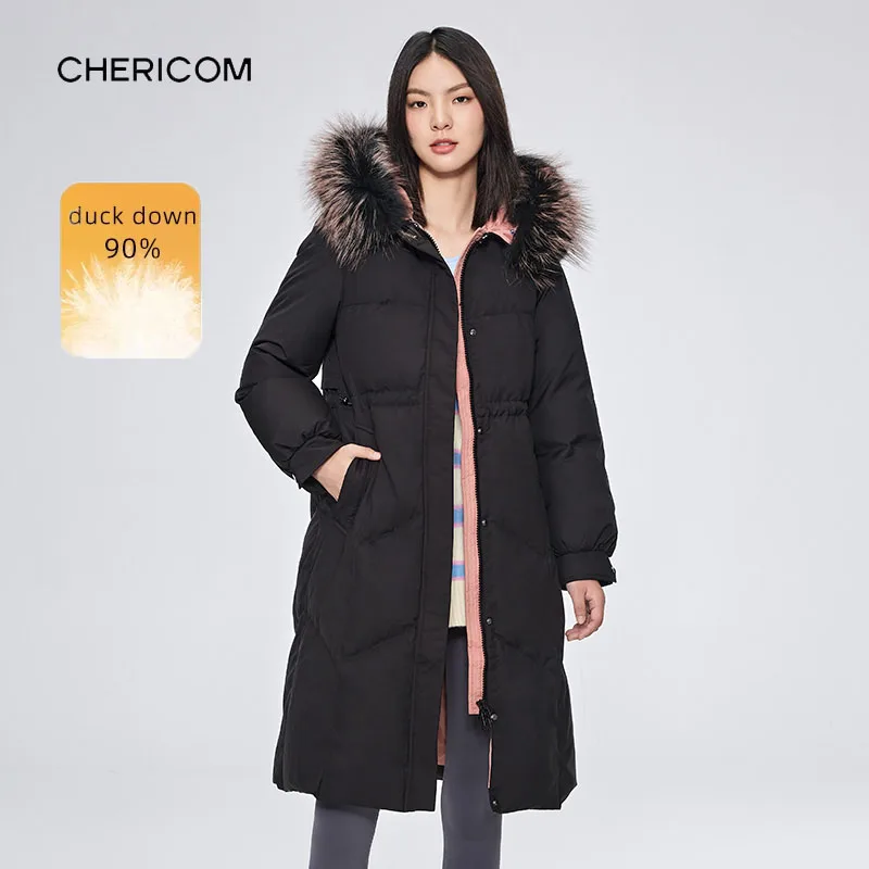 Chericom レディース ロング フード付き ダウン ジャケット フェイクファー トリム パファー コート 調節可能なウエスト 厚い 防風 パッド入り ジャケット Y268156Y