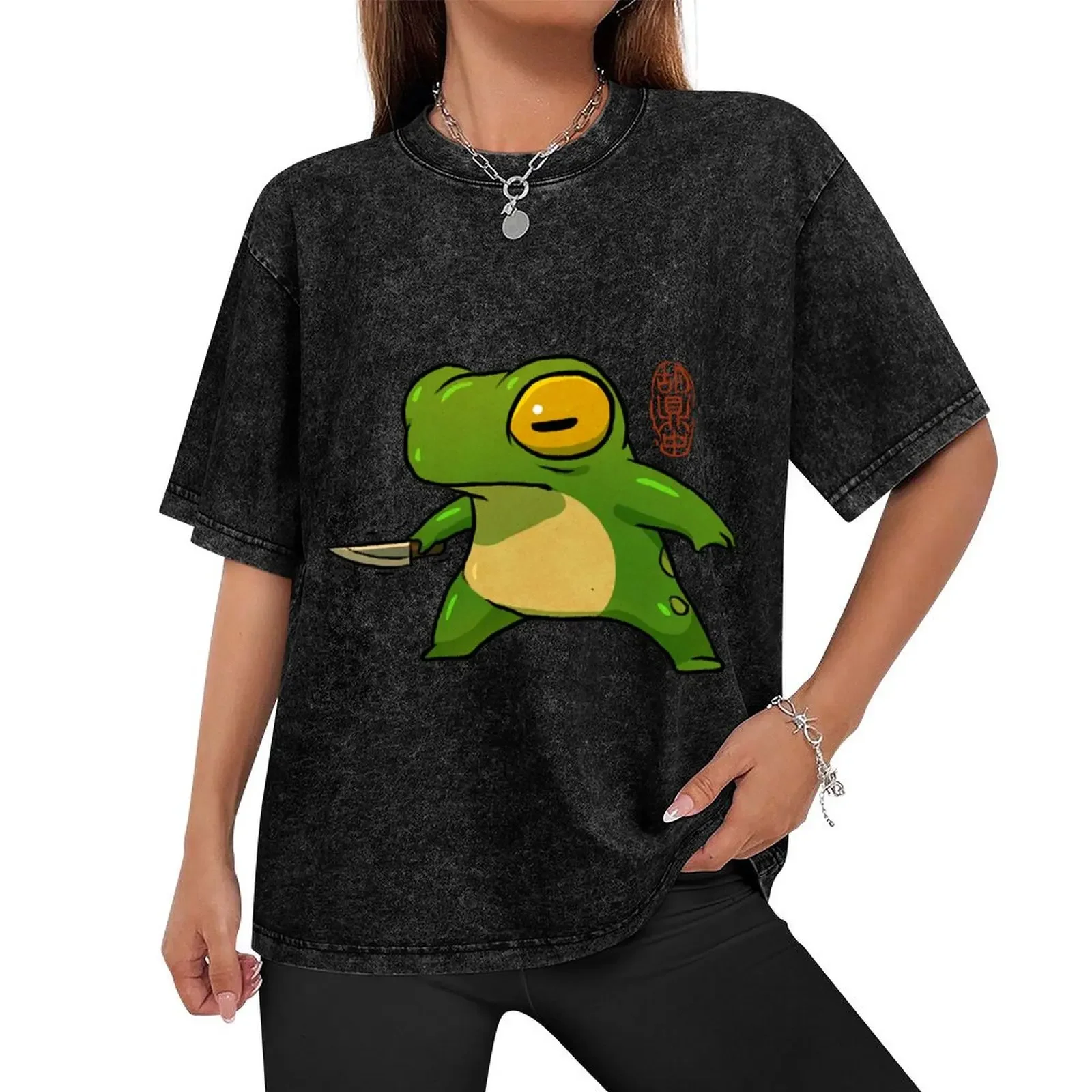 knife wielding stabby gremlin frog artwork asian style T-Shirt cheap stuff blue archive mens graphic t-shirts big and tall