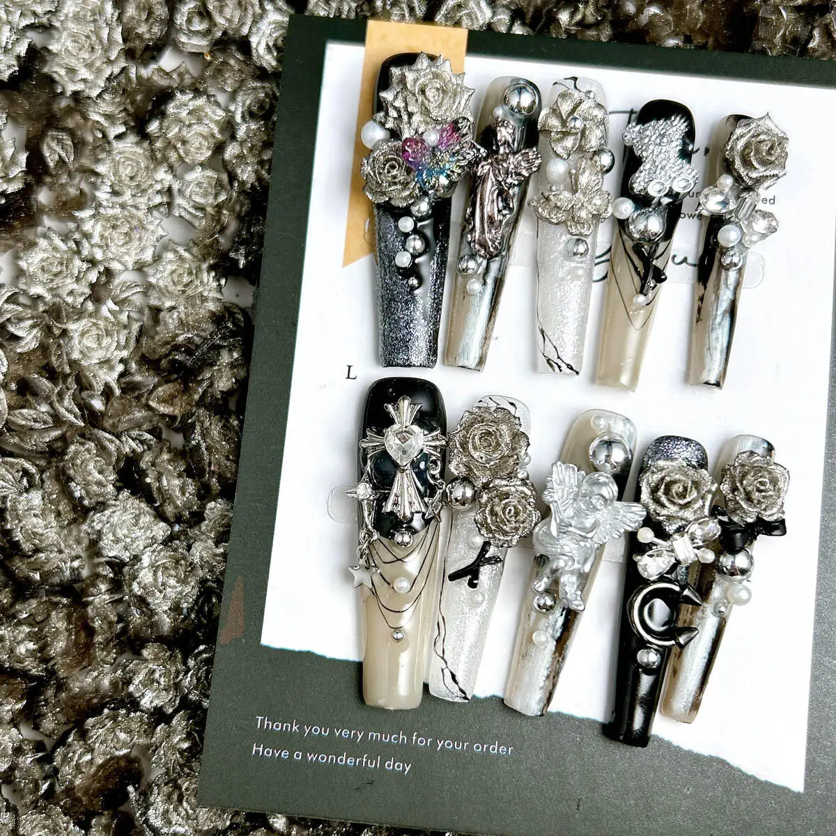 Encantos de uñas de flor gris con purpurina de Hada de resina 3D, estilos luminosos varios, flor de resina mixta, decoración artística de uñas, piezas de manicura DIY