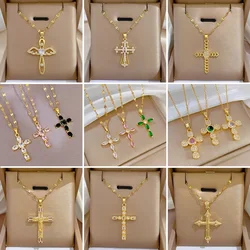 Exquisite Gold Color Stainless Steel Inlaid Crystal Cross Pendant Necklace for Women Men Luxury Full of Zircon Chokers Jewelry