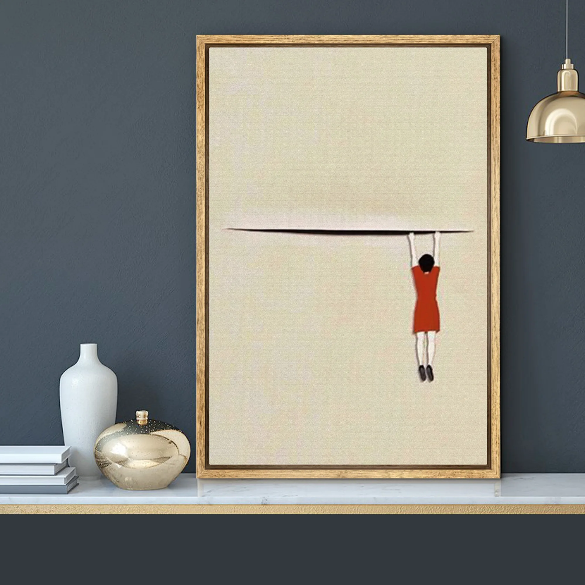 Vestido rojo abstracto para mujer, póster de pelo negro, impresiones, simplicidad moderna, pintura en lienzo, imagen artística