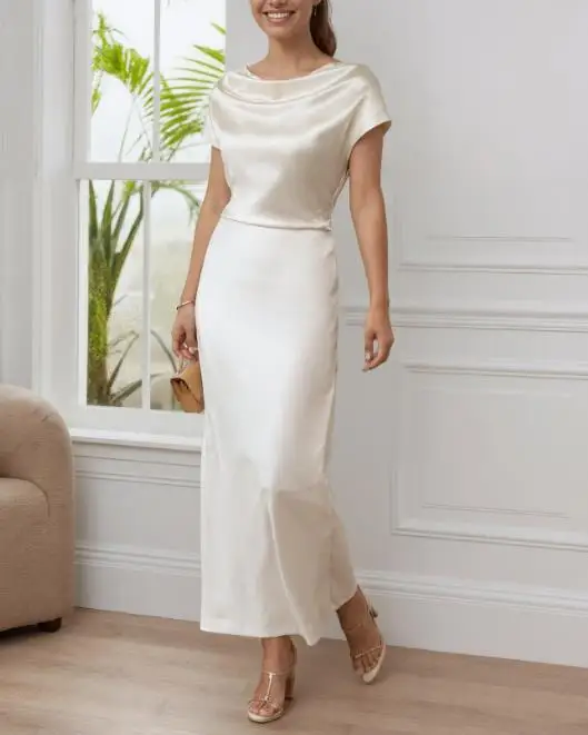 

Women's Dress Summer New French Style Elegant Solid Color Swing Collar Slim Fit Silk Satin Lace Up A-Line Short Sleeved Dress