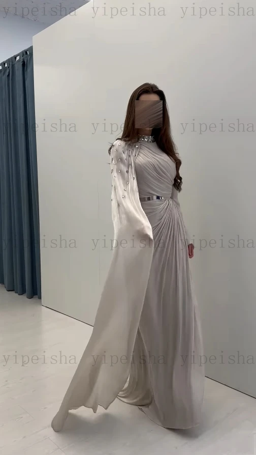 Personalizado alta pescoço saudita vestidos de noite cristal miçangas manga cheia plissado drapeado organza vestido de baile longo vestido de festa reto