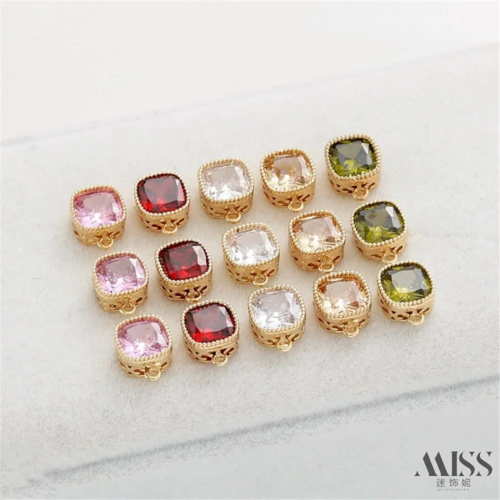 Liontin Ganda Persegi Berlapis Emas 14K dengan Zirkon Berwarna untuk Aksesori Pembuatan Perhiasan Gelang Kalung DIY