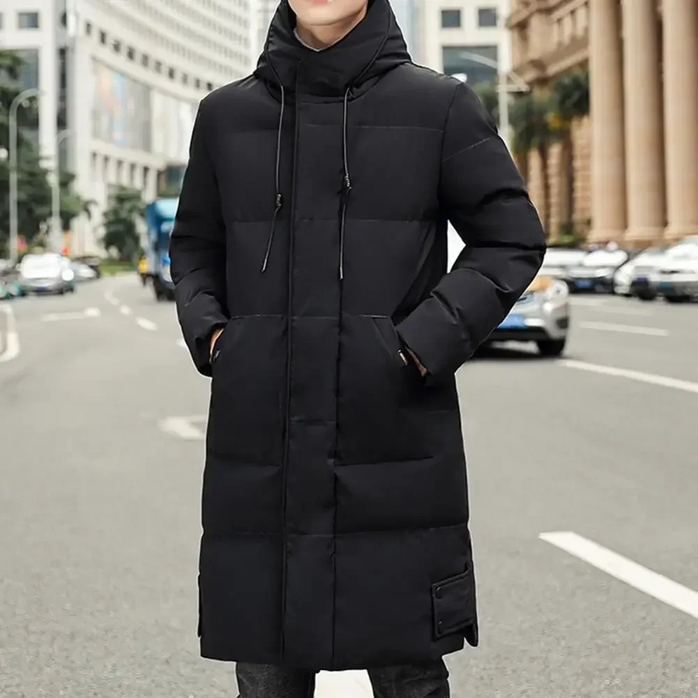 Hooded Winter Down Coat for Men Parkas Thickened Solid Color Padded Cardigan Midi Length Zip Up Men's Coat for Daily Wear