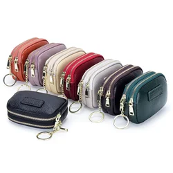 2 Zippered Genuine Leather Coin Purse Large Capacity Change Pouch Little Travel Wallet with Key Ring for Women Short Small Pouch